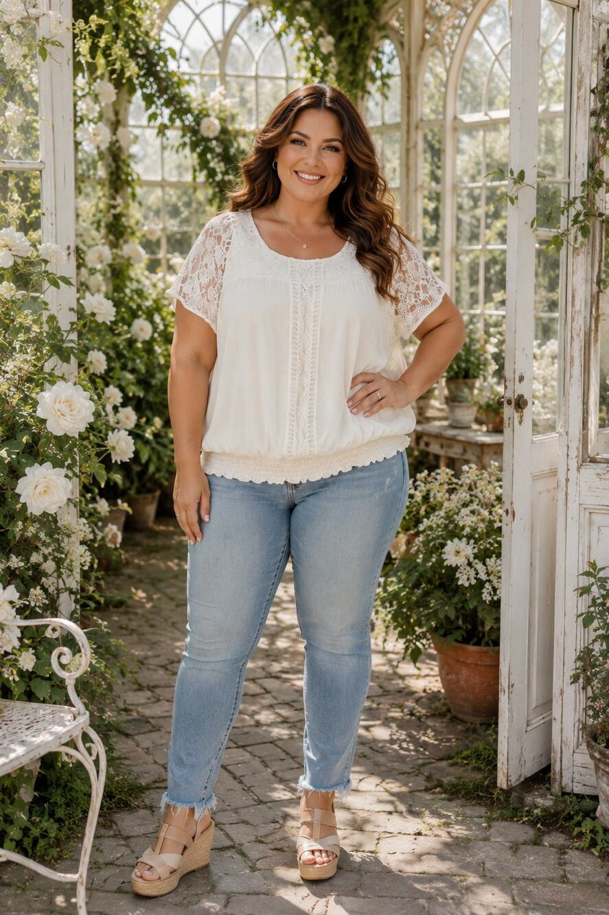Cato Woman Ivory Lace Chiffon Blouse 14/16W Plus Size Boho Romantic Top